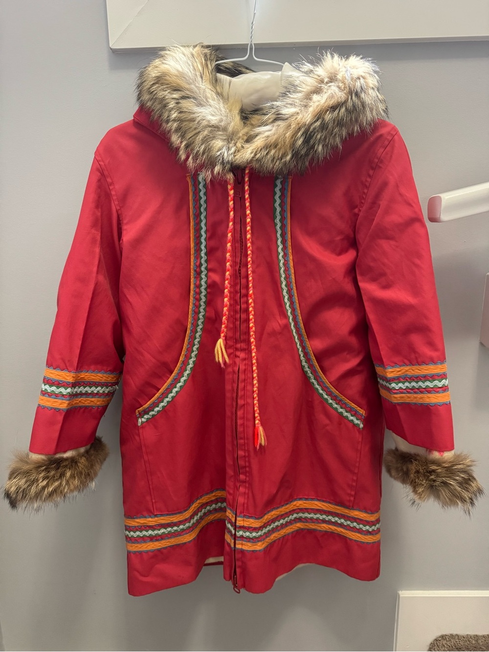 Vintage Inuit Parka Coat Womens Red Fur Trim Hood